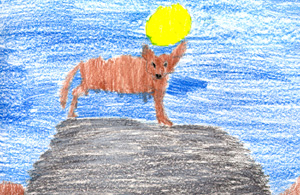 This is a drawing of a coyote standing on top of a mountain.
