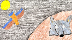 This is a drawing of a coyote and an eagle.