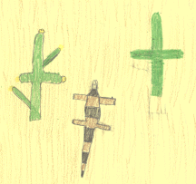 The drawing shows two saguaros and a lizard.