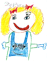 This is a drawing of the Stephanie. She has red bows in her blonde hair and a big red smile.
