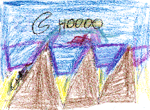 This drawing shows a moon over the mountains and a coyote's howl.