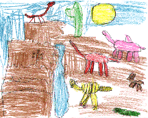 This drawing shows many desert animals. A howling coyote is on top of the mountain.