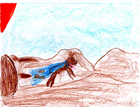Casandra drew Super Coyote in a blue cape.
