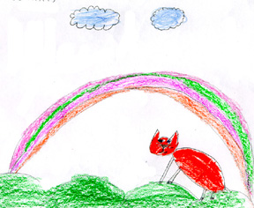 This shows two clouds, a rainbow and a cat walking on grass