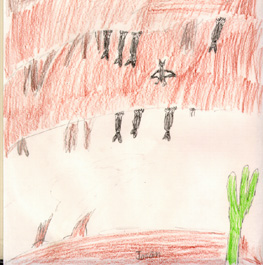This is Josiah's drawing of many bats hanging from a cave.