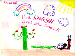 Bacardi drew a desert scene with a little girl and a snake.