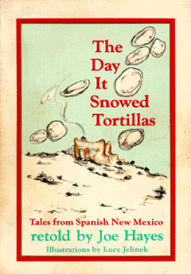 The book jacket shows tortillas falling from the sky onto the desert.