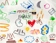 The drawing shows many desert images including mountains, a saguaro, the moon, and the word "family."