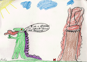 The drawing shows a dinosaur and a volcano.