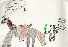 The drawing shows a horse and panda conversing.