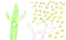 The drawing shows a saguaro and a coyote surrounded by stars.