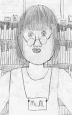 This is a pencil drawing of Judi Moreillon done by a fifth-grade student.