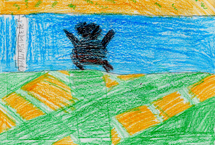 N.B.'s drawing shows Jack Rabbit jumping across a ravine with water far down below.