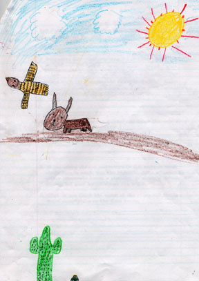 Adriana Garza's drawing shows Jack Rabbit and Hawk in a desert scene.