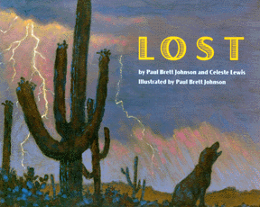 The book jacket shows lightning  streaking through the sky and a howling dog.