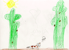 The drawing shows a dog in the desert.