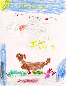 The drawing shows a dog in the desert.