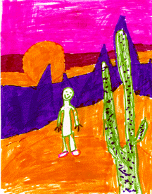 The drawing shows a person searching in the desert.