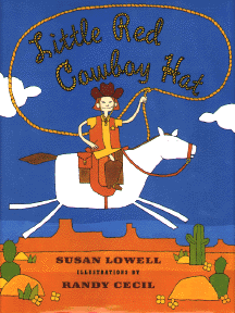 The book jacket shows a cowgirl riding a horse through the desert; the title is in her lasso.