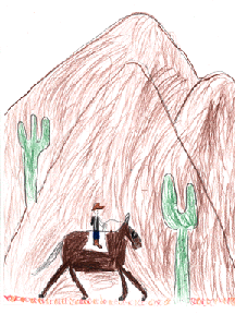 The drawing shows a rider on a horse with tall mountain rising up behind them.