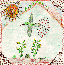 The drawing shows a green hummingbird and a spiral-shaped sun.