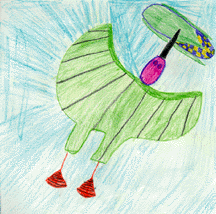 The drawing shows a green hummingbird carrying multi-colored corn in its beak.