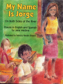 The book jacket shows a color full picture of a classrom with a teacher and an Hispanic student.