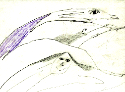 The drawing shows the suggestion of a face and a bird in the mountains.