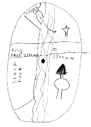 The drawing shows a log over a stream and steep rock.