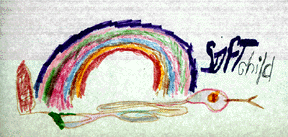 The drawing shows a rattlesnake under a rainbow.