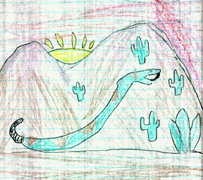 The drawing shows a rattlesnake in the desert.