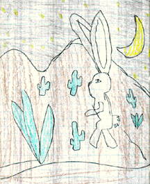 The drawing shows a jackrabbit in the desert. 