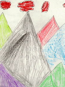 The drawing shows red clouds and a red mountain.