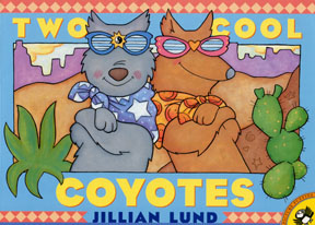 The book jacket shows two coyotes back to back wearing sunglasses in the desert