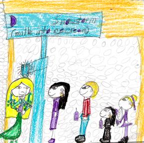 D. Snowstorm has a picture of four children standing in line waiting for D. Snowstorm to turn their milk into ice cream.