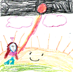 Sunny Tina has a picture of a little girl throwing heat and bright light to the moon from the sun.