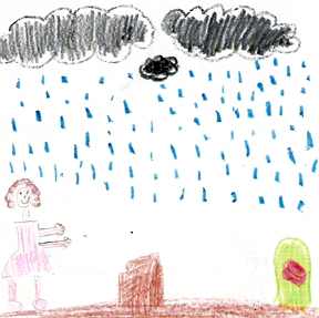 Hurricane  Shelby has a picture of a a little girl making dark clouds that are raining down on a desert landscape.