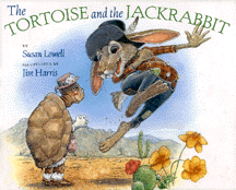The book jacket shows a jackrabbit gleefully running past a tortoise.