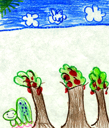 The drawing shows three trees and a tortoise.