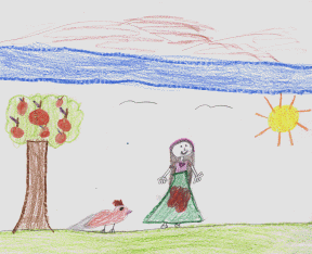The drawing shows a girl, a bird, and an apple tree.
