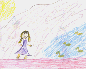 The drawing shows a girl and a river.